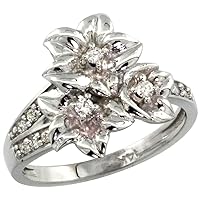 14k White Gold Triple Plumeria Flower Ring with Diamond 0.27cttw, 5/8 inch wide