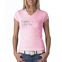 Breast Cancer Awareness Lady T-Shirt Ribbon I Wear Pink for My Sister V-Neck - Pink
