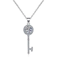 Four Prong Round Key 1ct Moissanite 925 Silver Platinum Plated Necklace 40+5cm NX053
