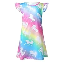 TiaoBug Kids Girls Short Sleeve Rainbow Cartoon Horse Print Princess Casual Dress Playwear Sundress Age 4-9 Years