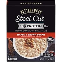 Better Oats Steel Cut Protein Oatmeal Packets, Maple and Brown Sugar Oatmeal with Flax Seeds and Steel Cut Oats, Pack of 6, 12.7 OZ Pack