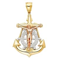 14k Yellow Gold White Gold and Rose Gold Crucifix Nautical Ship Mariner Anchor Pendant Necklace 32x43mm Jewelry for Women