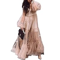 Women's Mesh Sheer Long Maxi Dress See Through Long Puff Lantern Sleeve Dresses Sexy Flowy Ruched Party Dress