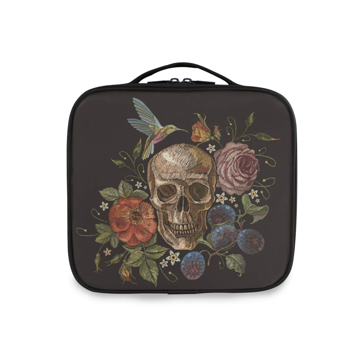 ALAZA Travel Makeup Case, Day of The Dead Skull Rose Humming Bird Dia Muertos Cosmetic toiletry Travel bag for Women Girls