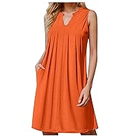 Summer Dresses for Women 2024 V-Neck Pleated Sleeveless Tank Dress Solid Color Casual Mini Dress Boho Sundress with Pockets