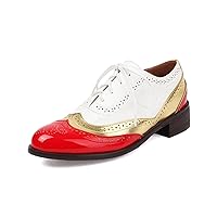 Women Mixed Color Patchwork Long Wingtip Perforated Trims Brogue Shoes
