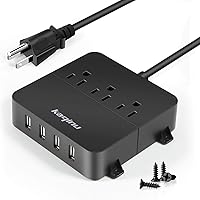 Power Strip with USB - Wall Mountable Power Strip with 4 USB Ports & 3 Outlets with On/Off Switch & 5ft Extension Cord for Cruise Ship, Travel, Hotel, Office (Black)