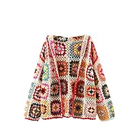 Autumn Women Handmade Crochet Knit Hooded Cardigan Vintage Multicolor Long Sleeve Female Knit Sweater