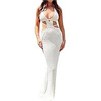 Women Sleeveless Knit Long Dress Spaghetti Strap Maxi Dress Sexy Cutout Bodycon Long Beach Dress