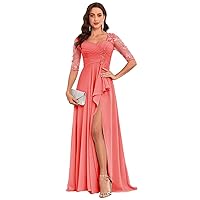 Plus Size Mother of The Bride Dresses Coral Ruffles Half Sleeves Lace Evening Gown with Slit Size 18W