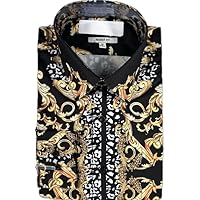 Avanti Uomo Men Black Gold White Casual Button-Down Shirt Long Sleeve with Print