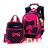 MITOWERMI Rolling Backpack for Girls Trolley School Bags Cute Bowknot Backpack with Wheels Carry-on Travel Luggage with Handbag Toddler Elementary Princess Bookbags
