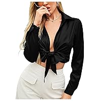 SOLY HUX Women's Tie Front Deep V Neck Crop Tops Long Sleeve Silk Satin Blouse