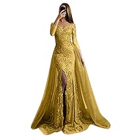 VeraQueen Women's African Mermaid Prom Dresses with Detachable Train V Neck Long Sleeves Lace Appliques Evening Gowns