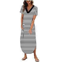 Womens Vneck Dresses Beach Dresses for Women Short Sleeve Loose Fit Hawaiian Maxi Long Summer Fall Dresses 2024
