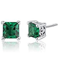 Peora Simulated Emerald Stud Earrings 925 Sterling Silver, Solitaire Scroll Gallery, 2 Carats Total Princess Cut 6mm, Friction Back