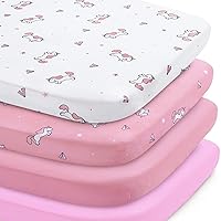 Bassinet Sheet 4 Pack for Baby Girls, Bassinet Sheets Universal Fit for Rectangle, Oval, Hourglass Bassinet Pad/Mattress, Stretchy Bassinet Sheets, Pink Print