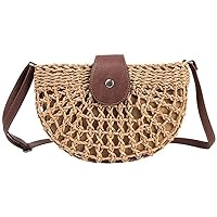 Handwoven Round Rattan Bag Women Beach Straw Woven Crossbody Bag Shoulder Bag with Leather Strap Gift for Women Girls (Color : Brown)