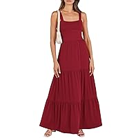 Womens Summer Dresses Sleeveless Adjustable Straps Tiered Maxi Dress with Pockets Casual Beach Long Sundresses Reds