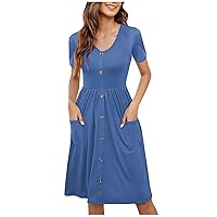 Summer Womens Casual Loose Midi Dress V Neck Short Sleeve Printed Button Bohemian Dress with Pockets