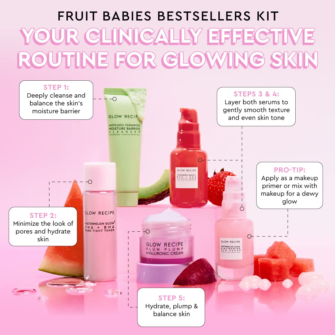 Glow Recipe - Fruit Babies Bestsellers Kit - Mini Travel Size Beauty Essentials - Avocado Foam Cleanser, Niacinamide Dew Drops Serum, Pore-Tight Toner, Salicylic Serum, Hyaluronic Acid Cream (5 Count)