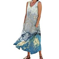 Summer Dresses for Women 2024 Vacation Sleeveless Graphic Print Beach Sundress Casual Baggy Linen Maxi Dress with Pocket