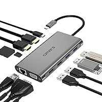 Docking Station Triple Display USB-C Docking Station Dual Monitor Adapter Laptop Hub USB C to 2 HDMI 4K +VGA+Ethernet+100W Type C PD+4USB+Data for Dell/HP/Lenovo/MacBook Laptop Pro with Thunderbolt 3
