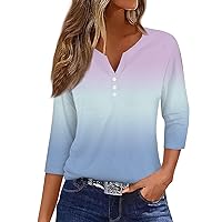 Women's Summer Tops 2024, T Shirt Tee Button 3/4 Sleeve V-Neck Top Band Tees for Women Vintage Trendy, S XXXL