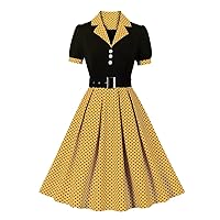Two Tone Patchwork Polka Dot Women Dress Vintage Style Buttons Belted Pleated Dresses