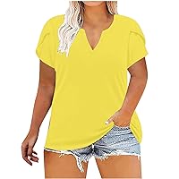 Plus Size Women Petal Short Sleeve Basic Tunic T-Shirts Summer Casual Loose Fit V Neck Solid Going Out Tee Tops