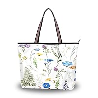 Spring Tote Bag for Women With Zipper Pocket Polyester Tote Purse Flower Handbag