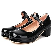 LUXMAX Women Patent Leather Mary Janes Block Heel Platform Pumps Ankle Strap Buckle Chunky Heel Pumps Closed Square Toe Dress Shoes