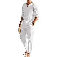 COOFANDY Men's 2 Pieces Cotton Linen Set Henley Shirt Long Sleeve and Casual Beach Pants Summer Yoga Outfits