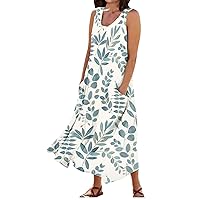 Plus Size Summer Dress for Women U Neck Sleeveless Casual Printed Loose Long Dress for Beach Party Vacation Holiday