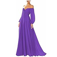 Women's Long Sleeve Prom Dresses V-Neck Pleated A Line Chiffon Off The Shoulder Ball Gown Long Wedding Dress Formal Purple