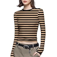 Women's Fashion Striped Printed Long Sleeve Round Neck T-Shirt Basic Slim Fit Sexy Pullover Tops Stretchy Base Tees