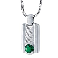 PEORA Simulated Emerald Chevron Pendant Necklace for Men in Sterling Silver, Round Shape, Brushed Finished, with 22-Inch Italian Chain