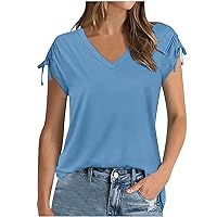 Women's Cap Short Sleeve Tops, Womens Drawstrings Summer Tshirts Trendy 2024 V Neck T Shirts Fashion Clothes
