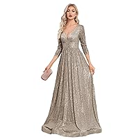Women V Neck Sequins Formal Evening Dress Long Sleeves Wedding Party Prom Maxi Cocktail Gowns