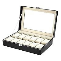 Uten Watch Box, Valentine's Day Gifts for Him or Her, Watch Holder with Glass Lid, Watch Case with Removable Watch Pillow, Metal Clasp, Watch Display, Watch Box Organizer (12 Slot PU), black,cream