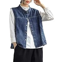 Plus Size Crewneck Vest Bleach Vintage Denim Vest Women's Loose Cropped Classic Sleeveless Denim Jacket