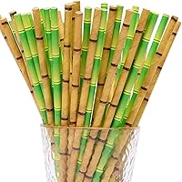 100 pcs Mixed Party Paper Straws Bulk, Green Yellow Bamboo Drinking Straws, Natural Woodland Forest Tiki Birthday Baby Bridal Shower Wedding Cake Pop Sticks (Bamboo)