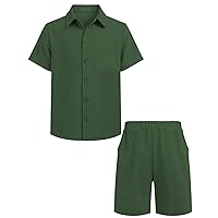 COOFANDY Boy's 2 Piece Outfit Linen Short Sleeve Button Down Shirt Shorts Sets