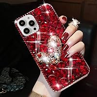 Glitter Bling Case for iPhone 15 Pro Max,Cute Luxury 3D Heart Crystal Rhinestone Diamond Gems Sparkle Shiny Women Girls Clear Bumper Protective Phone Case for iPhone 15 Pro Max 6.7 inch (Red)