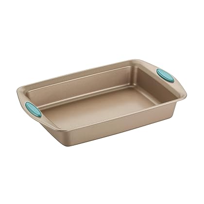 Rachael Ray Cucina Bakeware Set Includes Nonstick Bread Baking Cookie Sheet and Cake Pans, 5 Piece, Latte Brown with Agave Blue Grips