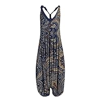 Womens Overalls Jumpsuit Casual Loose Sleeveless Womens Vintage Batterflies Colorful Floral Prints Straps V Neck