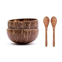 2 Eco-Friendly Original Coconut Bowls (Jumbo) w/ 2 Coconut Wood Spoons - 100% Natural, Organic Kitchen Set - Handcrafted from Reclaimed Coconut Shells + Offcuts