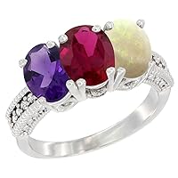 Silver City Jewelry 10K White Gold Natural Amethyst, Enhanced Ruby & Natural Opal Ring 3-Stone Oval 7x5 mm Diamond Accent, Sizes 5-10