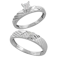 Genuine 10k White Gold Diamond Trio Wedding Sets for Him and Her Grooved Top 3-piece 5mm & 3.5mm wide 0.11 cttw Brilliant Cut sizes 5-14