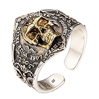 Men's Pinky Ring 925 Sterling Silver Golden Skull Ring Engraved Fleur de lis Size S/M/L Adjustable
